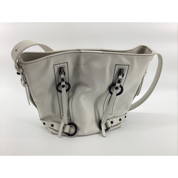 RARE Rebecca Minkoff White Leather Biker Bucket Bag With Double Zippers & Studs - Picture 3 of 9